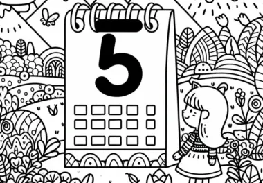 Kalenderblatt mit der Zahl 5 für den Monat Mai als Malvorlage (Gratis)