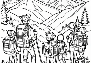 Menschen genießen Wanderung in den Bergen im Mai: Ausmalbild zum Herunterladen (Kostenlos)