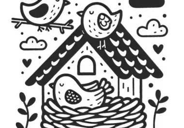 Vögel bauen ein Nest im Mai: Malvorlage zum Download (Gratis)