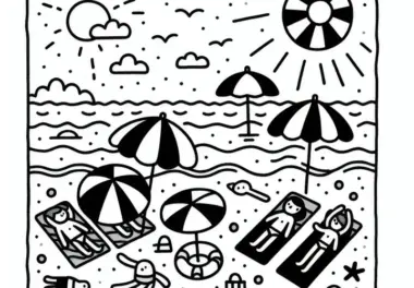 Menschen mit Sonnenschirmen am Strand im Juni: Kostenlose Malvorlage