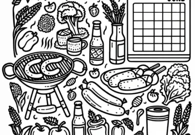 Grillparty mit Würstchen, Gemüse und Getränken im Juni: Gratis Ausmalbild