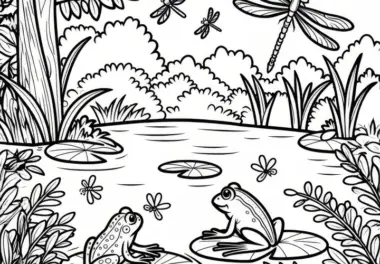 Libellen und Frösche an einem ruhigen Teich im Juni: Ausmalbild zum Download (Gratis)