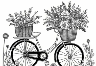 Fahrrad mit Körben voller Sommerblumen im Juni: Ausmalbild zum Herunterladen (Kostenlos)