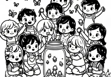 Kinder sammeln im Juni Glühwürmchen im Glas : Ausmalbild zum Download (Kostenlos)