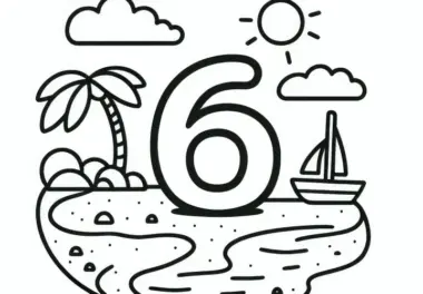Die Zahl 6 am Strand: Juni Malvorlage (Gratis)