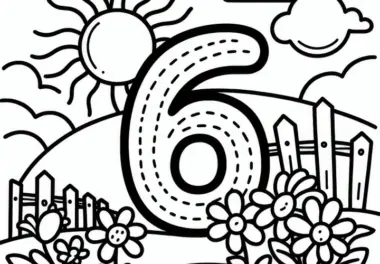 Zahl 6 mit großer Sonne im Juni: Ausmalbild zum Download (Kostenlos)