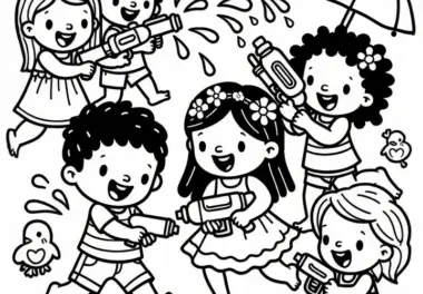 Kinder spielen mit Wasserpistolen im Juni: Ausmalbild  zum Download (Gratis)