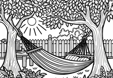 Hängematte im Garten im Juli: Malvorlage zum Download (Kostenlos)