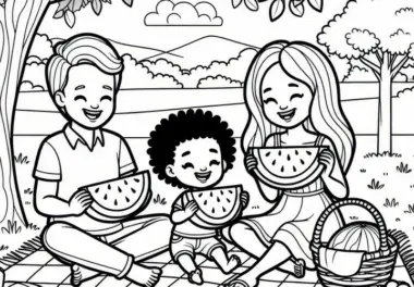 Menschen essen Wassermelonen bei einem Picknick im Juli: Malvorlage zum Download (Gratis)