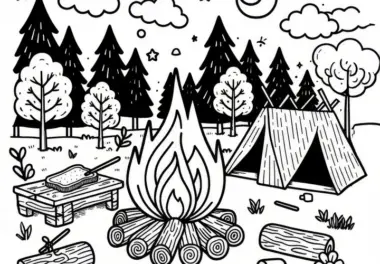 Lagerfeuer mit Stockbrot und Marshmallows im Juli: Ausmalbild zum Herunterladen (Kostenlos)