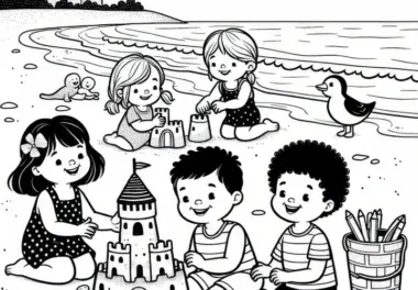 Kinder bauen Sandburgen am Strand im Juli: Ausmalbild zum Download (Kostenlos)