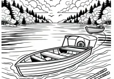 Boot fährt über ruhigen See im Juli: Malvorlage zum Herunterladen (Kostenlos)