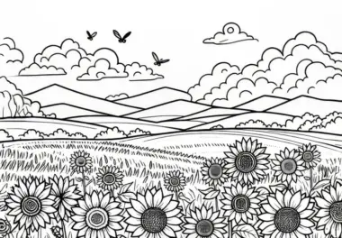 Sonnenblumen auf weitem Feld im Juli: Malvorlage zum Download (Kostenlos)