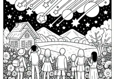 Menschen beobachten Sternschnuppen bei Nacht im Juli: Malvorlage zum Herunterladen (Gratis)