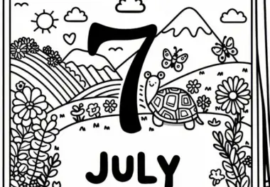 Kalenderblatt mit der Zahl 7 für den Monat Juli zum Ausmalen (Gratis)