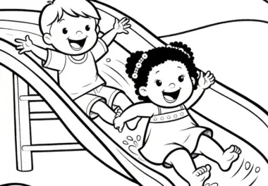 Kinder rutschen durch Wasserrutsche im Juli: Ausmalbild zum Herunterladen (Gratis)