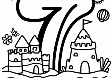 Zahl 7 mit Sandburg im Juli: Ausmalbild zum Herunterladen (Gratis)