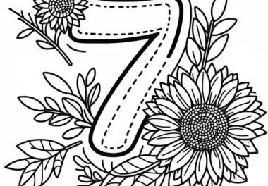 Zahl 7 mit Sonnenblumen im Juli: Gratis Malvorlage zum Download