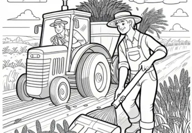 Bauer erntet Getreide mit Traktor im August: Malvorlage zum Download (Gratis)