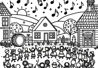 Menschen feiern ein Dorffest mit Musik und Tanz im August: Ausmalbild zum Herunterladen (Kostenlos)