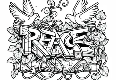 3D-Graffiti mit dem Wort „Peace“ umrahmt von Tauben und Pflanzenranken