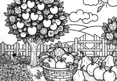 Obstgarten voller reifer Äpfel und Birnen im August: Kostenloses Ausmalbild zum Download