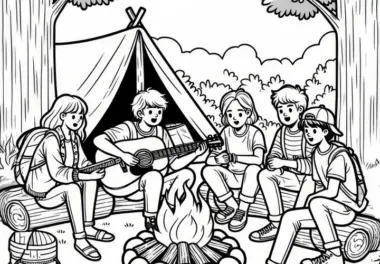 Lagerfeuer mit Jugendlichen und einer Gitarre im August: Malvorlage zum gratis Herunterladen