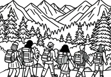 Menschen gehen wandern in den Bergen im August: Gratis Malvorlage zum Download