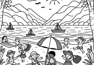 Kinder am Strand im August: Ausmalbild kostenlos herunterladen