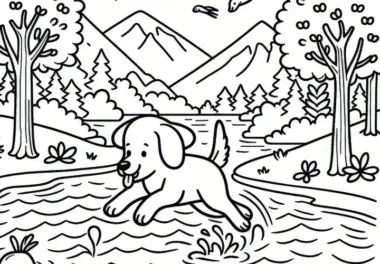 Hund springt in Fluss, um sich im August abzukühlen: Ausmalbild zum Download