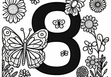 Zahl 8 mit Schmetterling im August als Malvorlage (Gratis)