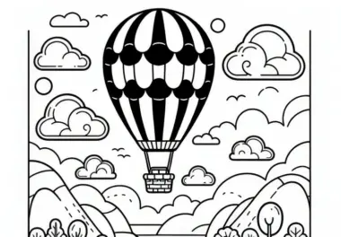 Heißluftballonfahrt über weiter Landschaft im August: Ausmalbild zum Download (Gratis)