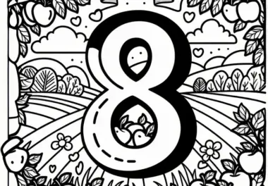 Zahl 8 mit Äpfeln und Feldern im August: Ausmalbild zum Download (Gratis)