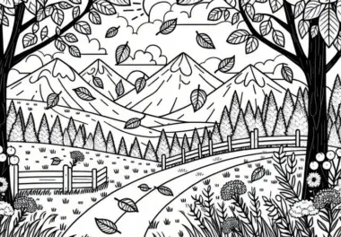 Herbstlandschaft mit Laub im September: Malvorlage zum Download (Gratis)