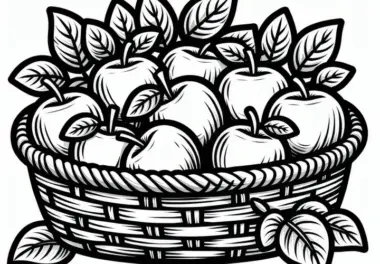 Korb voller frisch gepflückter Äpfel im September: Malvorlage zum Herunterladen (Kostenlos)