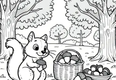 Ein Eichhörnchen sammelt Eicheln im Park im September: Ausmalbild zum Download (Kostenlos)