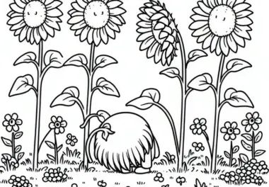 Sonnenblumen neigen sich unter dem Gewicht ihrer Köpfe im September: Malvorlage zum Download (Kostenlos)