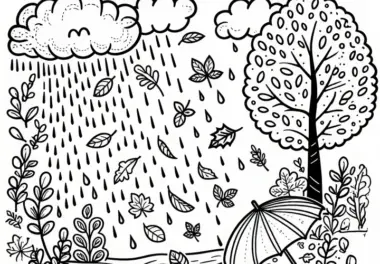 Regenschauer mit Blättern, die durch die Luft im September fliegen: Ausmalbild zum Download (Gratis)