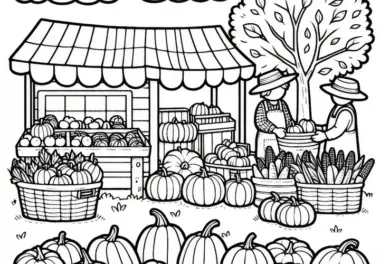 Bauernmarkt mit Kürbissen im September: Malvorlage zum Herunterladen (Kostenlos)