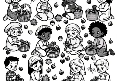 Menschen sammeln Kastanien und basteln Figuren im September: Ausmalbild zum Download (Gratis)