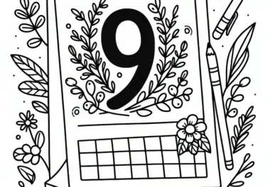 Kalenderblatt mit Zahl 9 für den Monat September: Ausmalbild zum Download (Kostenlos)