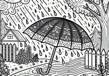 Regenschirm im September-Regen: Gratis Malvorlage