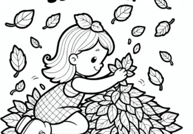 Kind spielt in Laubhaufen im September: Ausmalbild zum Herunterladen (Kostenlos)