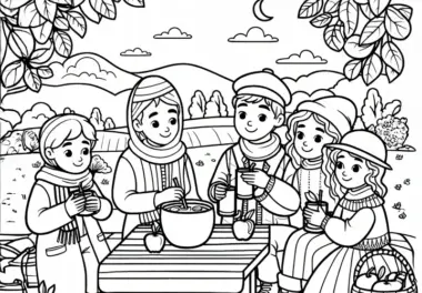Menschen trinken heißen Apfelmost in herbstlicher Landschaft im Oktober: Ausmalbild zum Download (Kostenlos)