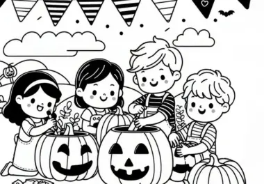 Kinder schnitzen Kürbisse für Halloween im Oktober: Ausmalbild zum Download (Kostenlos)