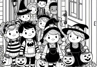 Kinder gehen an Halloween verkleidet von Tür zu Tür im Oktober: Ausmalbild zum Herunterladen (Kostenlos)