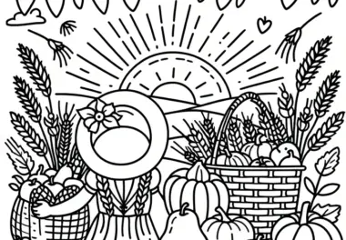 Erntedankfest mit prall gefüllten Körben im Oktober: Malvorlage zum Download (Gratis)