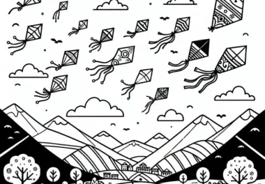 Drachenfest mit fliegenden Drachen am Himmel im Oktober: Kostenloses Ausmalbild