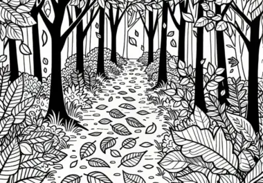 Waldweg mit fallendem Laub im Oktober: Malvorlage zum Herunterladen (Kostenlos)