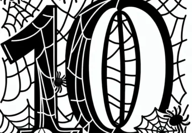 Zahl 10 mit Spinnweben im Oktober: Malvorlage zum gratis Download